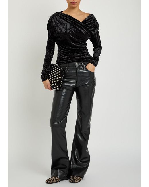 Ganni Black Ruched Asymmetric Velour Blouse