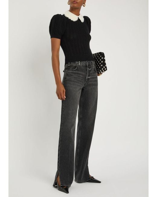 Alice + Olivia Black Chase Puff Faux Pearl-Embellished Cotton-Blend Top