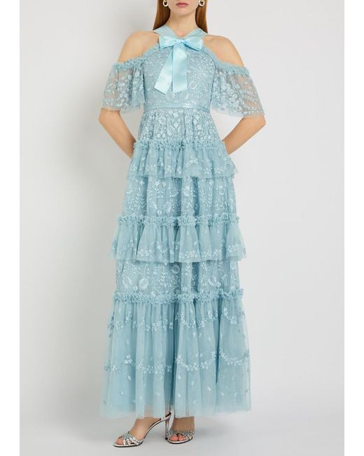 Needle & Thread Blue Primrose Floral-Embroidered Tulle Gown
