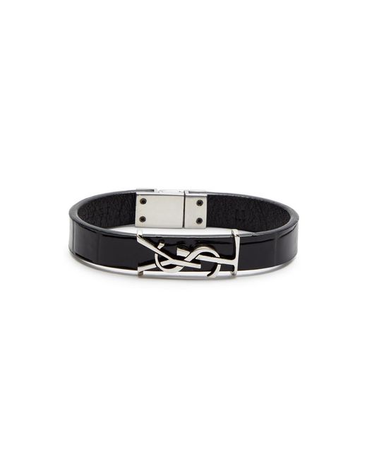 Saint Laurent Black Logo Crocodile-effect Leather Bracelet for men