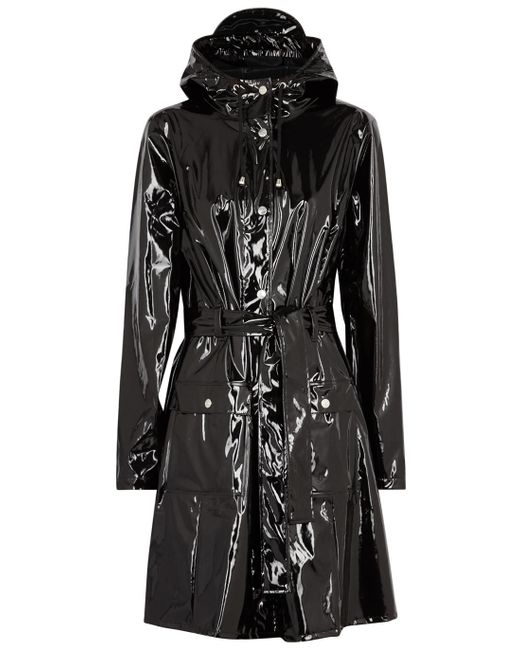 Rains Black Glossy Curve Patent Rubberised Raincoat