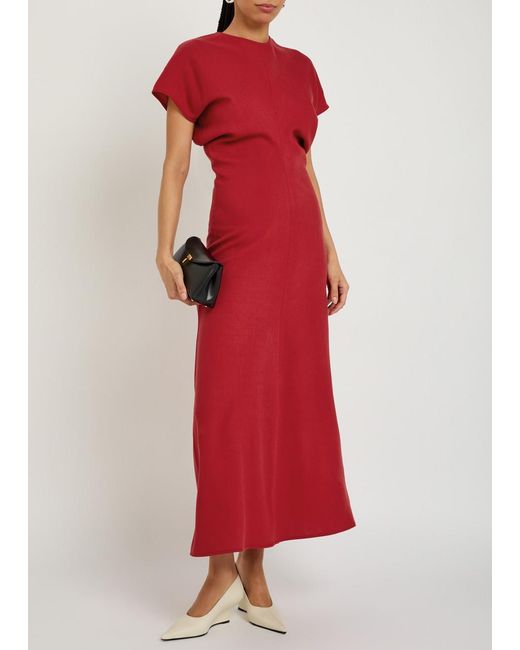 Totême Red Fitted-Waist Wool Midi Dress