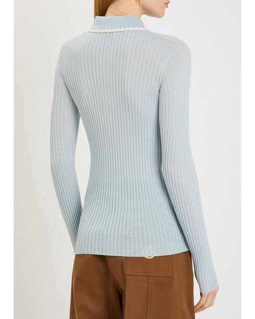 Moncler Blue Ribbed Wool Polo Top