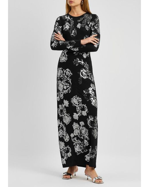 Rabanne Black Floral-embellished Jersey Maxi Dress