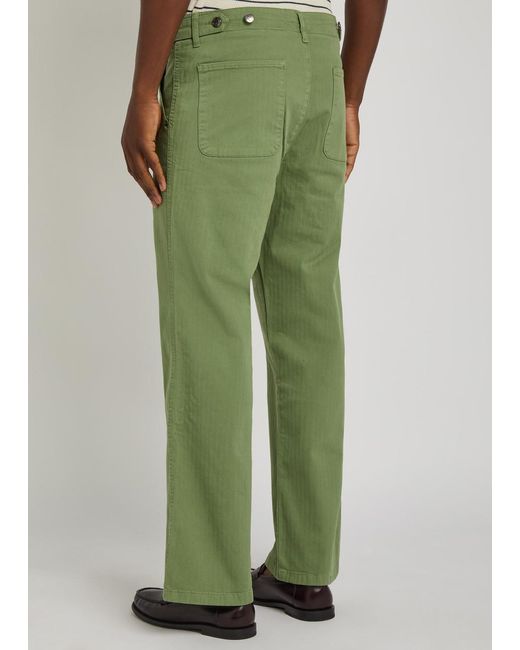 Percival Green Herringbone Straight-Leg Stretch-Cotton Trousers for men
