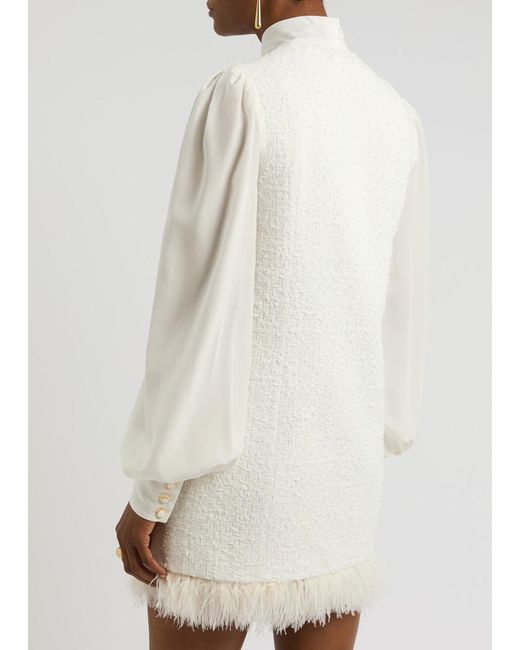 Balmain White Feather-Trimmed Silk And Tweed Mini Dress
