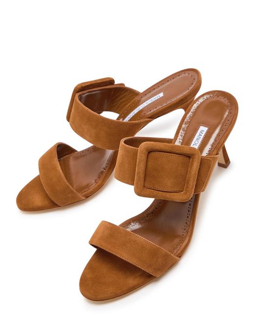 Manolo Blahnik Brown Gable 70 Buckle-Embellished Suede Mules