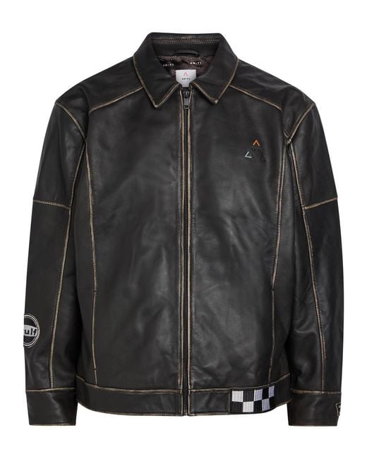 AN-Y1 Black Track Embroidered Leather Biker Jacket for men