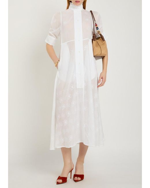 Thierry Colson White Venetia Embroidered Cotton Midi Shirt Dress