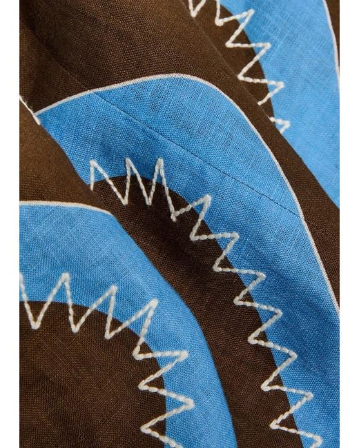 ALÉMAIS Blue Frankie Wavy-Print Linen Midi Dress