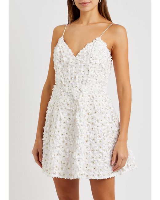 Alice + Olivia White Domenica Floral-Embellished Satin Mini Dress