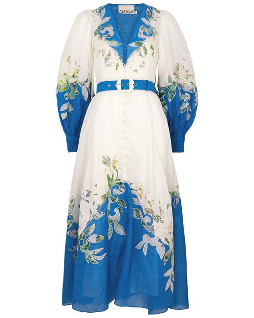 ALÉMAIS Blue Rita Floral-Appliquéd Midi Dress