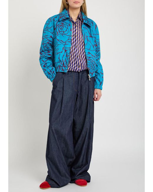 Dries Van Noten Blue Viinnia Floral Print Reversible Cotton Bomber Jacket