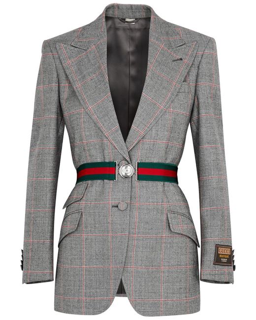 Gucci Gray Checked Belted Wool Blazer