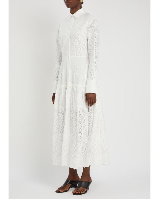Erdem White Floral-Embroidered Cotton Maxi Shirt Dress
