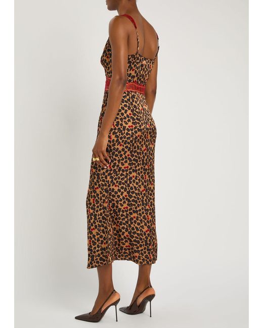 Never Fully Dressed Brown Mimi Cherry And-Print Satin Midi Dress