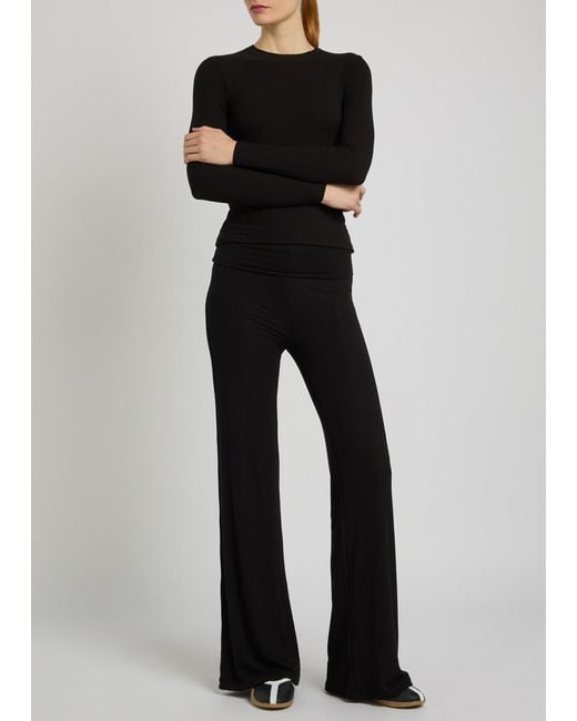 Tala Black Fold Over Flared-Leg Stretch-Modal Trousers