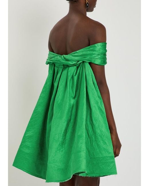 Erdem Green Embellished Off-The-Shoulder Crinkled Satin Mini Dress
