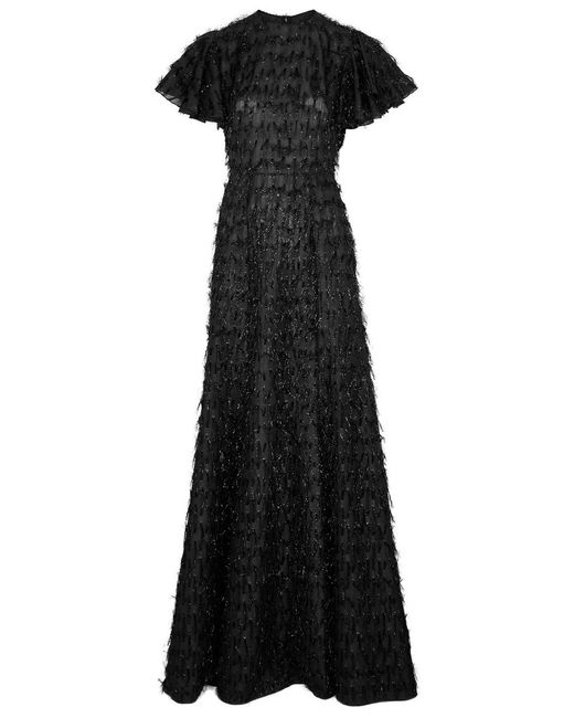 The Vampire's Wife Black Light Sleeper Fringed Organza Gown