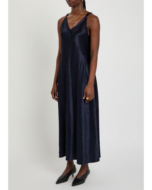 Eileen Fisher Blue Crinkled Satin Midi Dress