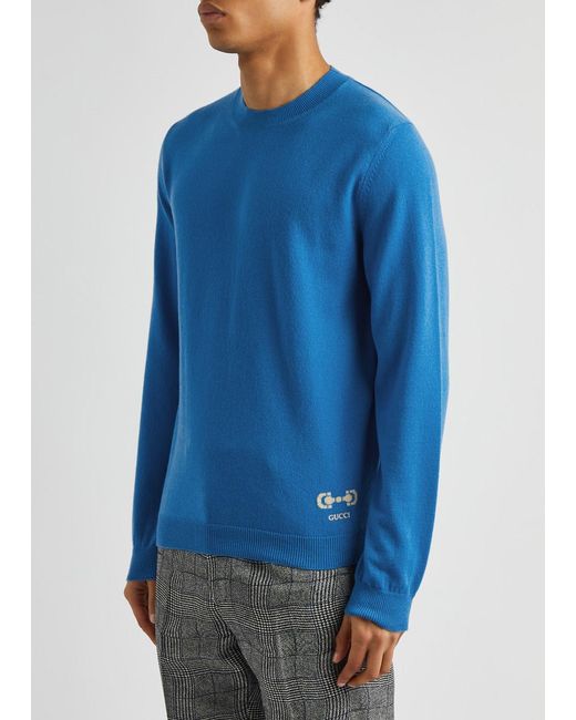 Gucci Blue Logo-intarsia Cashmere Jumper for men