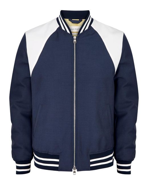 Alexander McQueen Blue Panelled Wool-Blend Varsity Jacket for men