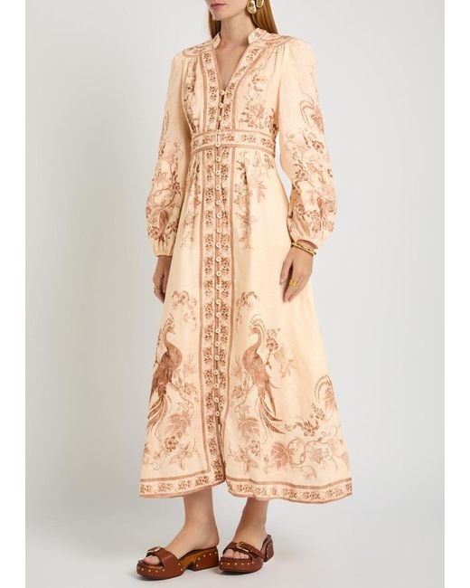Zimmermann Natural Indra Printed Plunge Linen Midi Dress