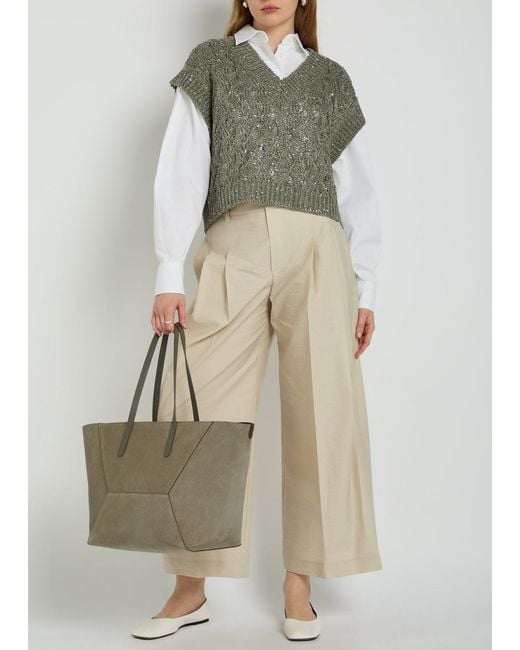 Brunello Cucinelli Gray Bead Medium Suede Tote Bag