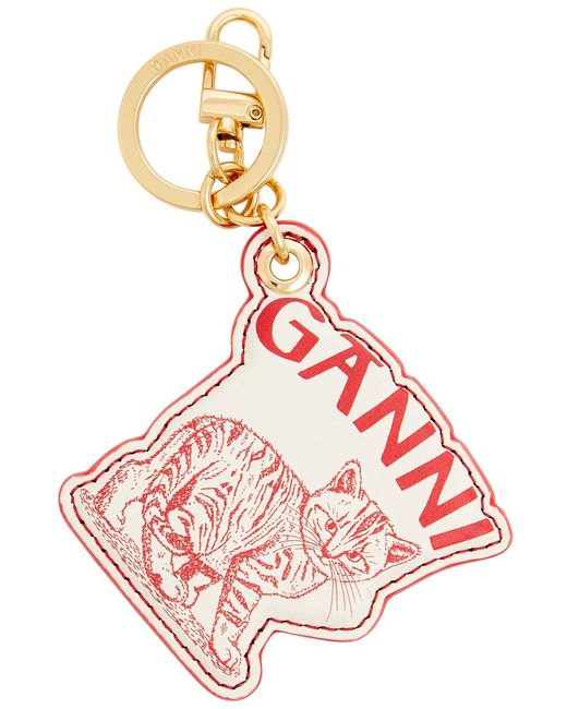 Ganni Pink Kitten Logo Leather Keyring
