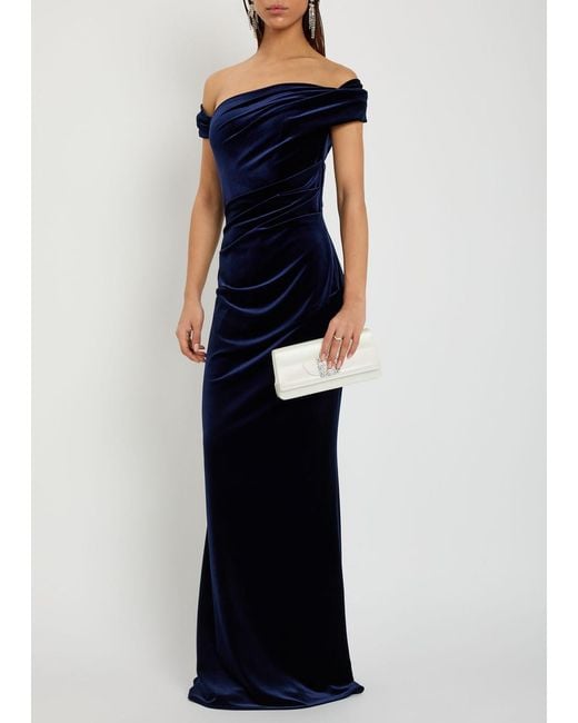 Talbot Runhof Blue Off-The-Shoulder Velvet Gown