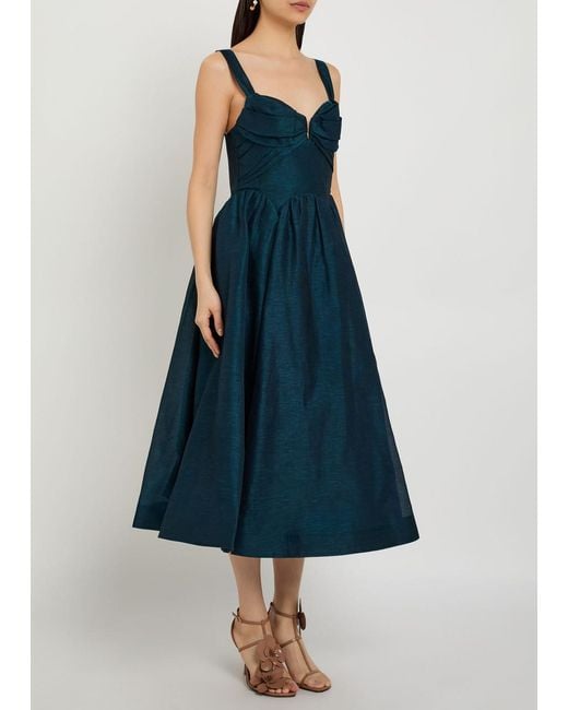 Zimmermann Blue Rebellion Pleated Linen And Silk-Blend Midi Dress