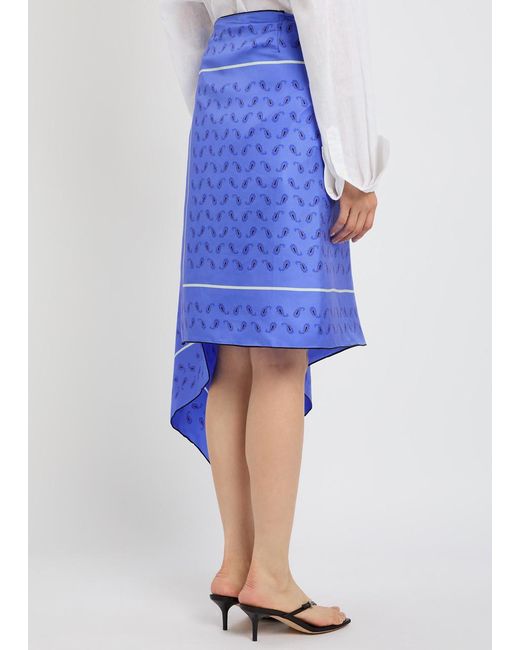 Otzio Blue Margot Printed Asymmetric Silk Midi Skirt