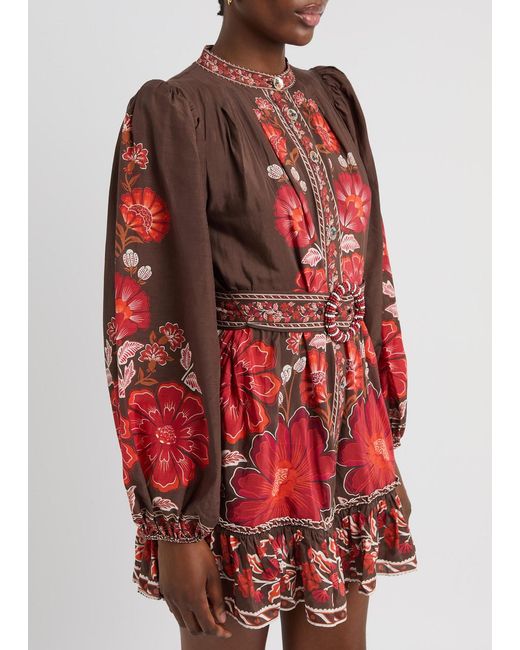 Farm Rio Red Gigi Floral-Print Cotton-Blend Mini Dress