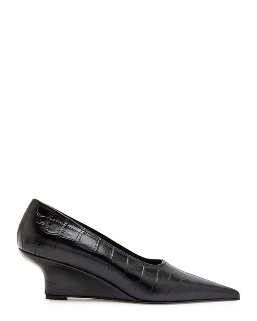 Totême Black 55 Crocodile-Effect Leather Wedge Pumps