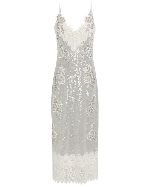 Erdem White Embellished Lace-Trim Chiffon Midi Slip Dress
