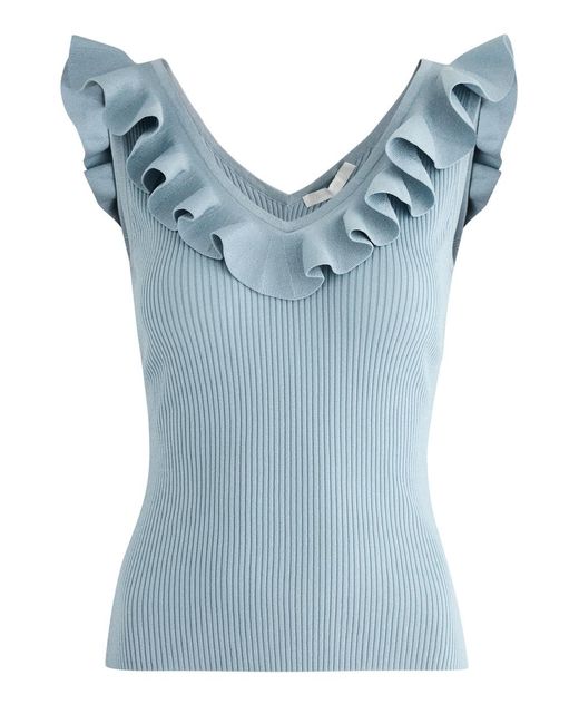 Zimmermann Blue Waverly Ruffle-Trimmed Ribbed-Knit Top