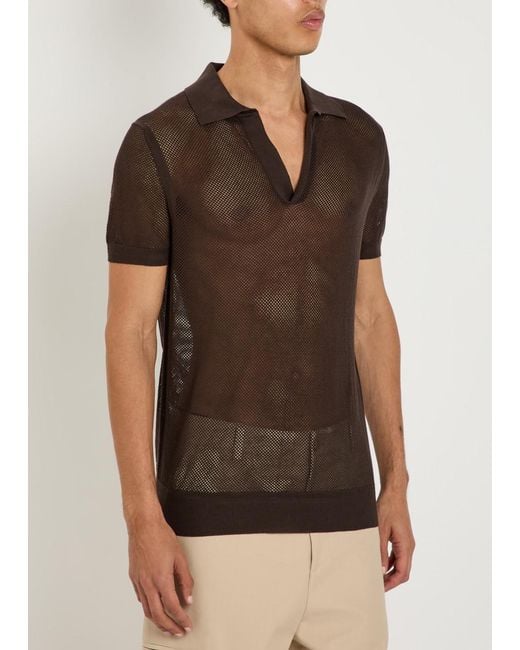 Tom Ford Brown Crochet-Knit Sheer Cotton And Silk-Blend Polo Shirt for men