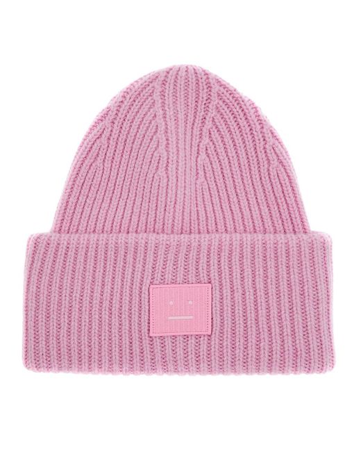Acne Pink Pansy Logo Ribbed Wool Beanie