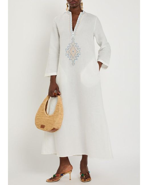 Emporio Sirenuse White Jenna Embroidered Linen-Blend Midi Kaftan Dress