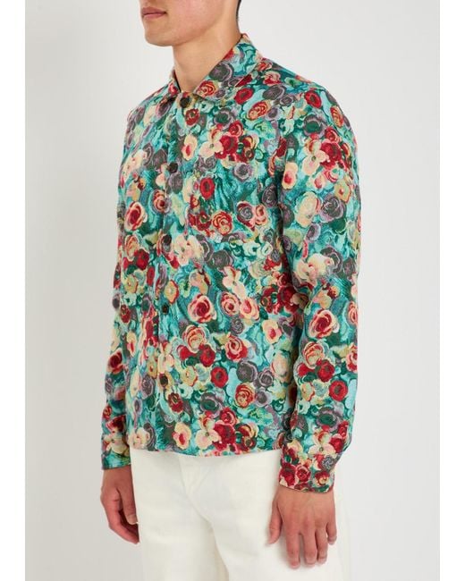 Les Deux Green Floral-Jacquard Woven Overshirt for men