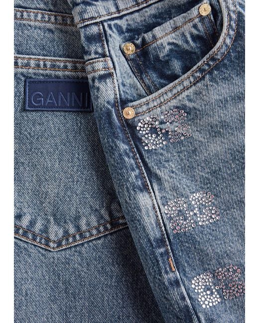 Ganni Blue Sparkle Stary Crystal-Embellished Barrel-Leg Jeans