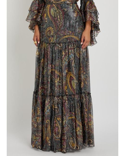 Etro Multicolor Printed Tiered Metallic Silk Midi Skirt