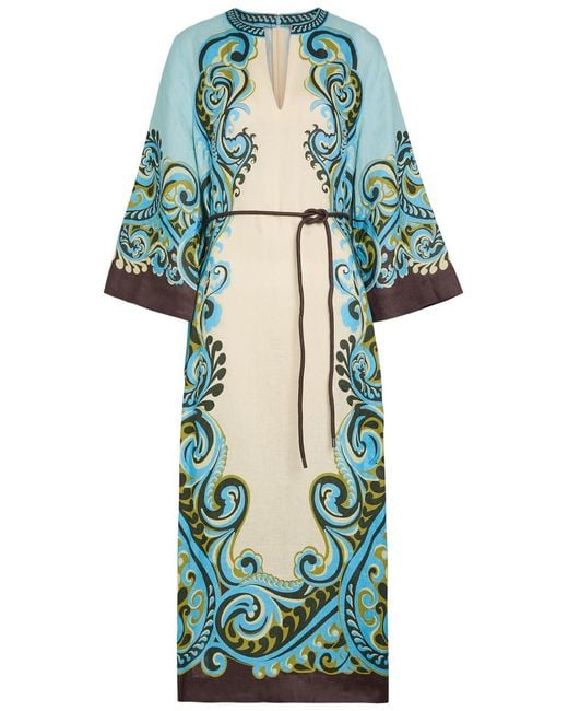 ALÉMAIS Green Natalia Printed Belted Linen Midi Dress