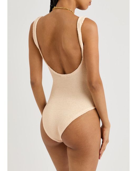 Hunza G White Celine Cut-Out Seersucker Swimsuit, V-Neck, Cut-Out Ring Detail, Machine Wash, Swimsuits