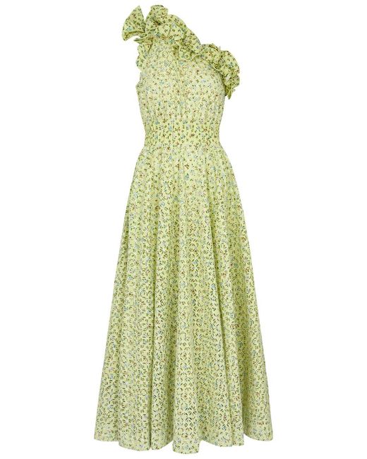 ALÉMAIS Green Maeve Floral-Print One-Shoulder Cotton Dress