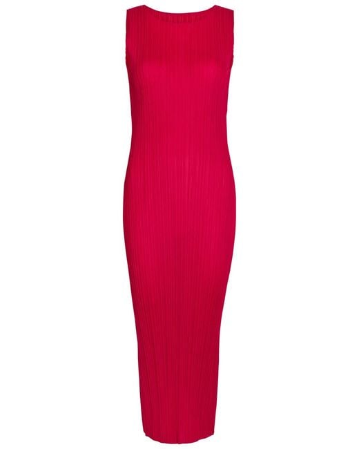 Pleats Please Issey Miyake Red Pleated Woven Midi Dress