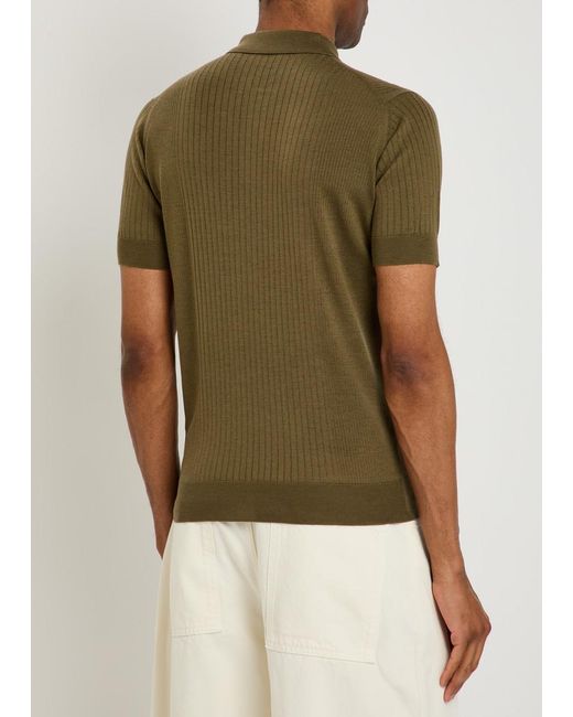 John Smedley Green Croall Ribbed Merino Wool Polo Shirt for men