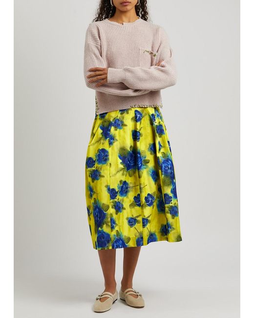 Marni Yellow Floral-print Taffeta Midi Skirt