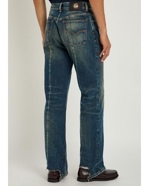 Versace Blue Distressed Straight-Leg Jeans for men