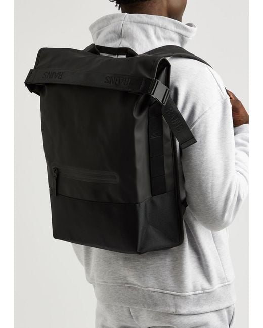 Rains Black Trail Panelled Rubberised Backpack for men